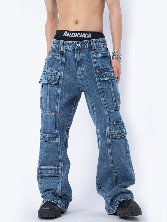 Large Pocket Washed Wide-Leg Straight Cargo Denim Jeans WN7279