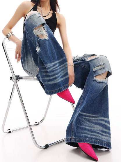 Damage Washed Wide Leg Denim Jeans WN27962