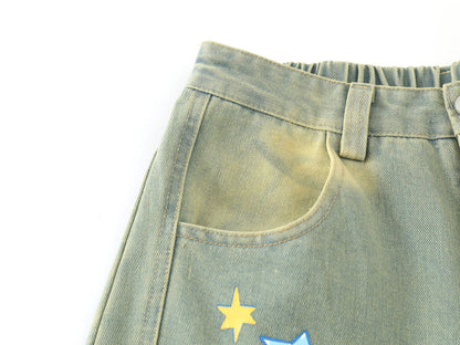 Cartoon Embroidery Wide Leg Denim Jeans WN26969