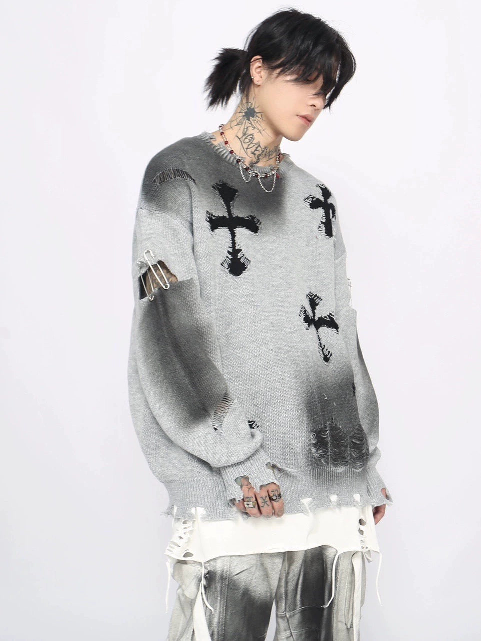 Cross Design Oversize Knit Sweater WN8760