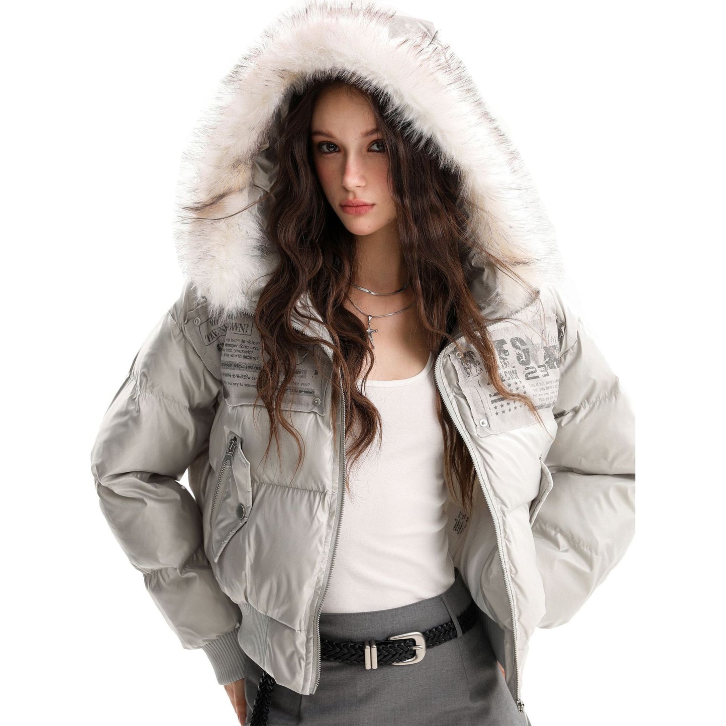 Hooded Fake Fur Collar Pockets Short Puffer Jacket WN21887