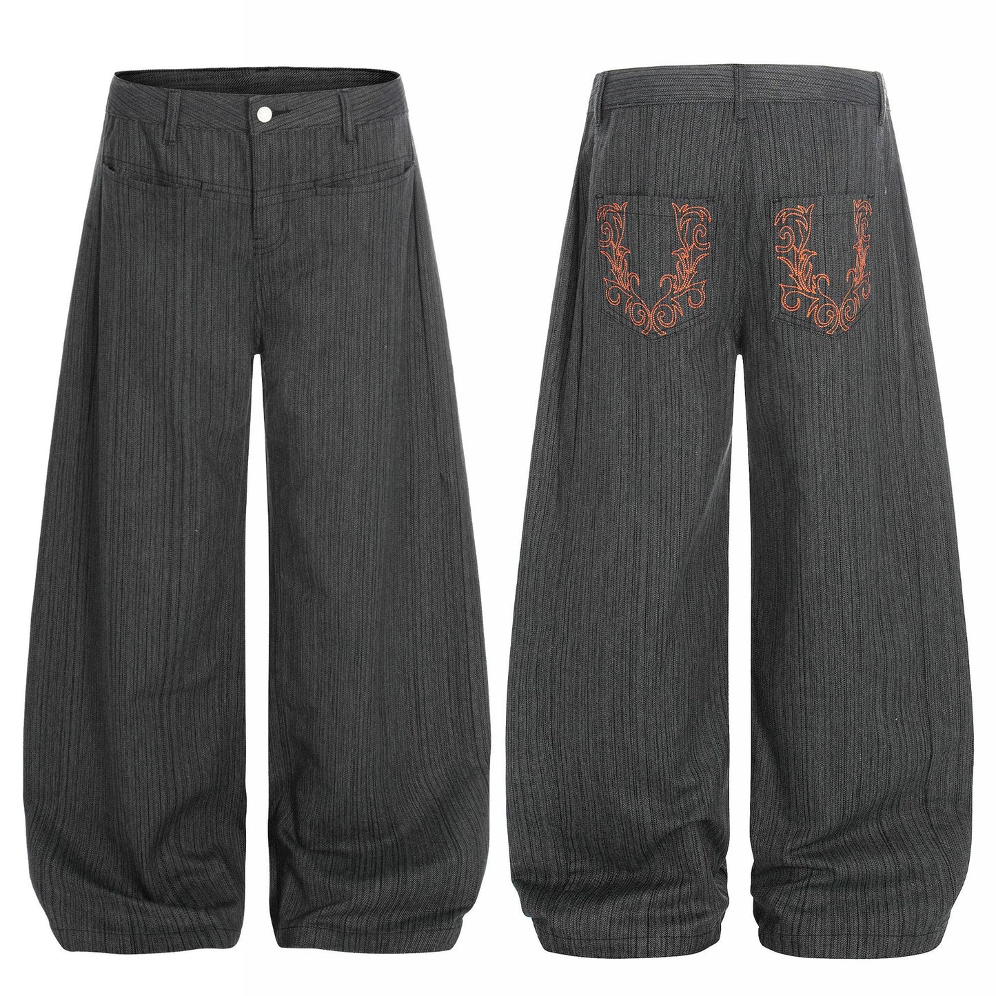 Stripe Embroidery Wide Leg Barrel Denim Jeans WN26117