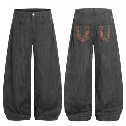 Stripe Embroidery Wide Leg Barrel Denim Jeans WN26117