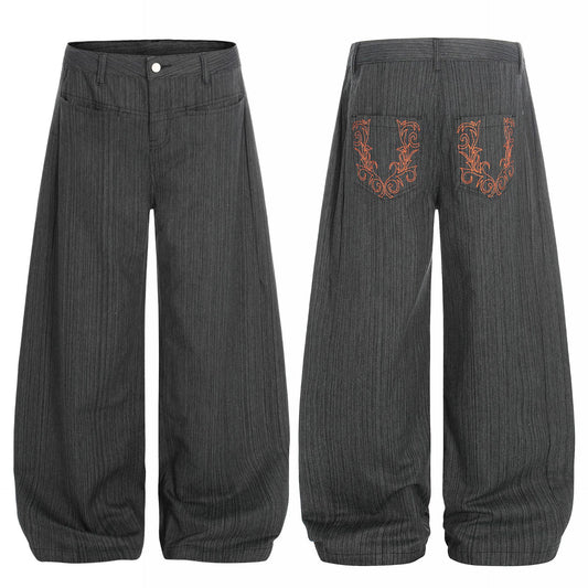 Stripe Embroidery Wide Leg Barrel Denim Jeans WN26117