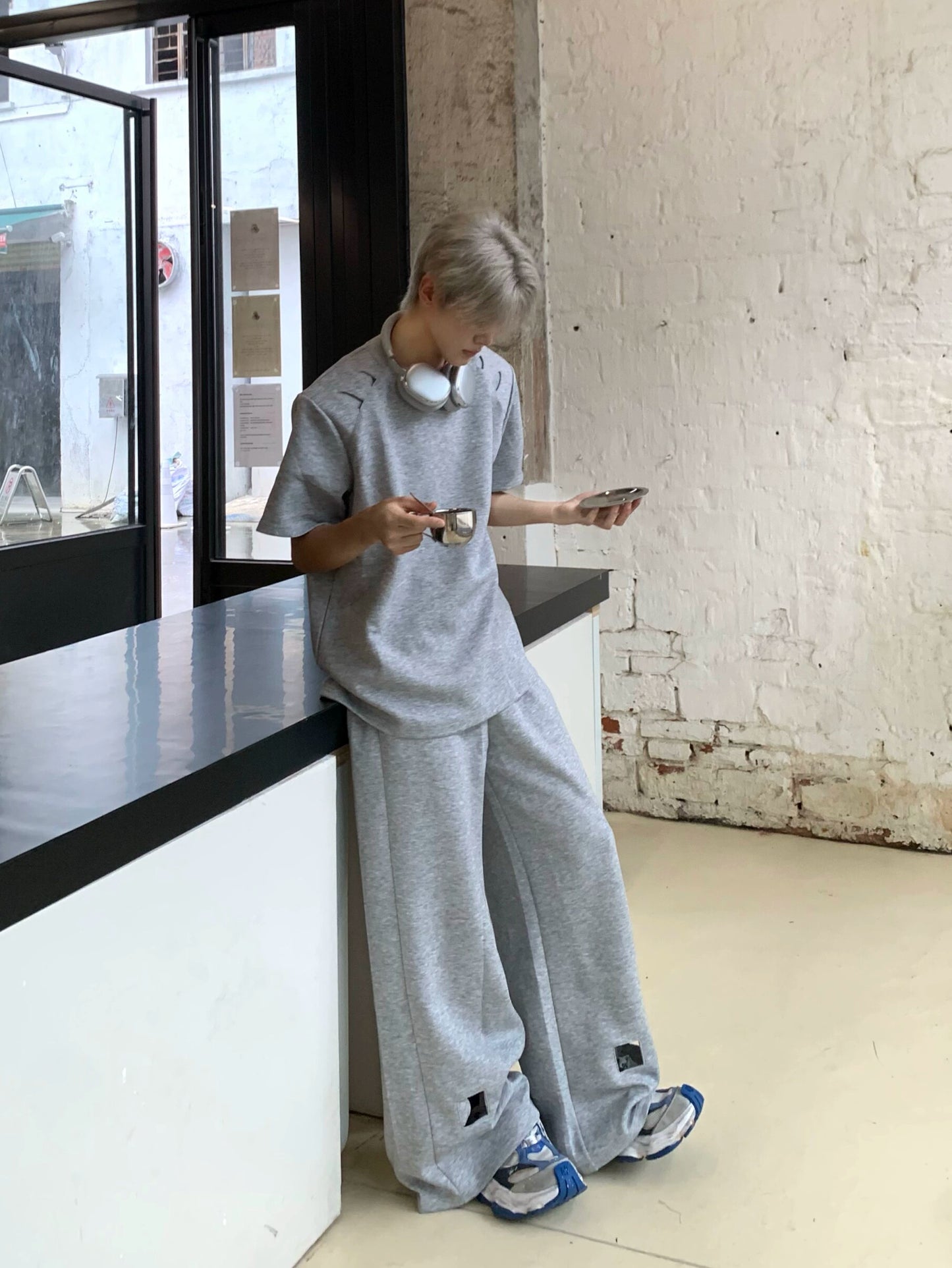 Damage Plain Short Sleeve T-Shirt & Wide Leg Pants Setup WN19729