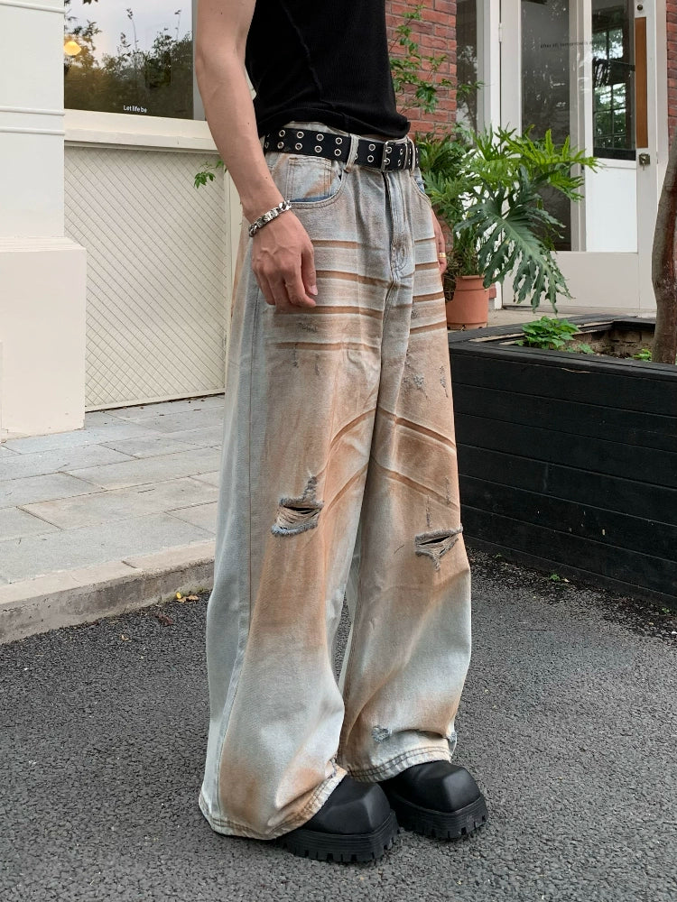 Mud Dye Damage Wash Wide Leg Denim Jeans WN19921