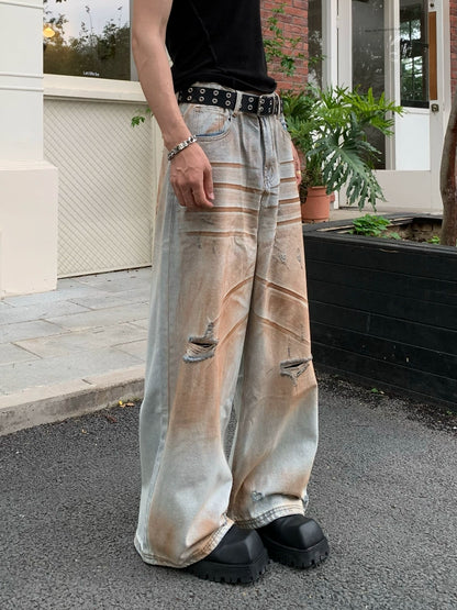 Mud Dye Damage Wash Wide Leg Denim Jeans WN19921