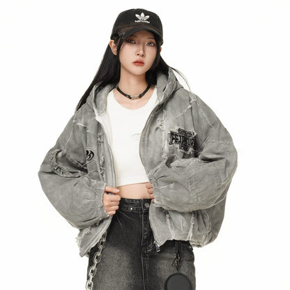 Washed Graphic Pocket Detail Hooded Jacket WN27967