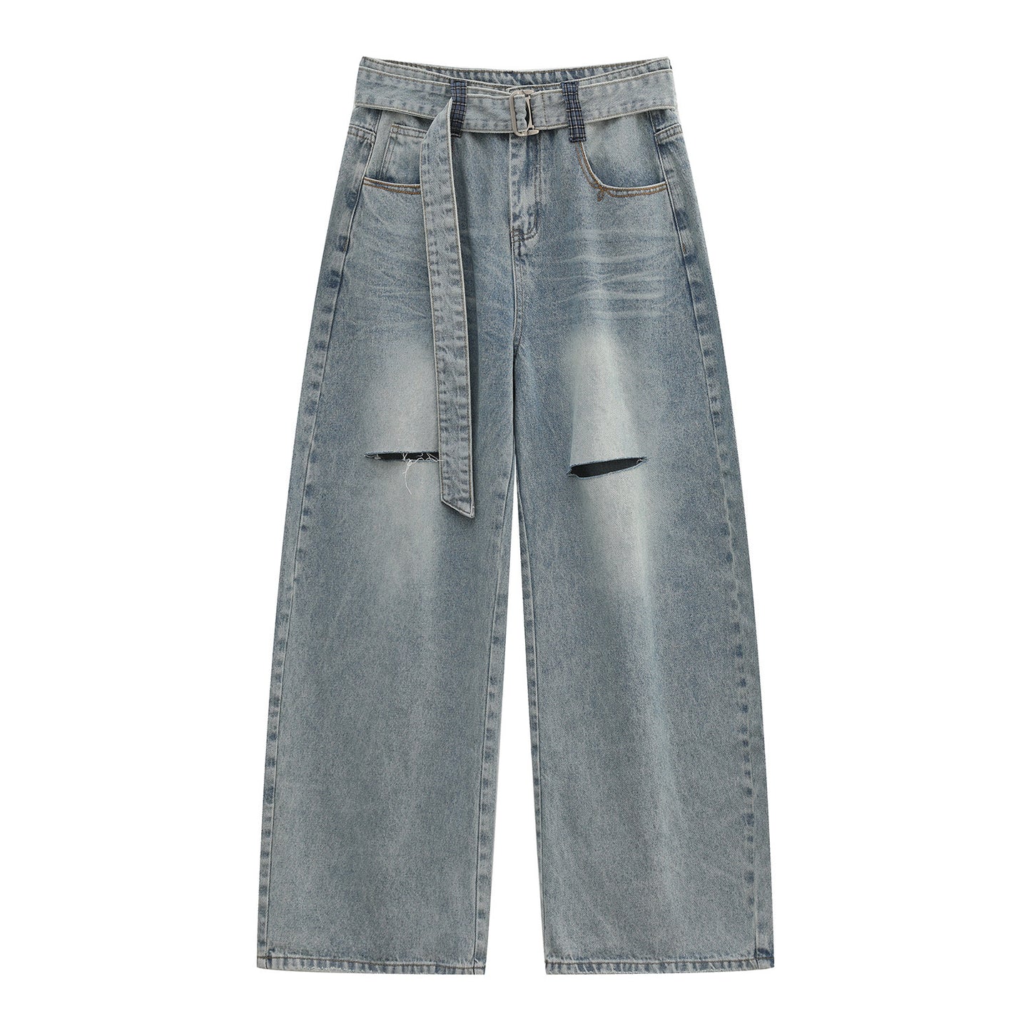 Washed Denim Short Sleeve Shirt & Damage Wide Leg Denim Jeans Setup WN24877