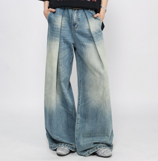 Washed Pleats Damage Wide Leg Denim Jeans WN24468