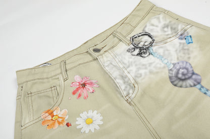 Floral Print Cropped Denim Half Jeans WN25465