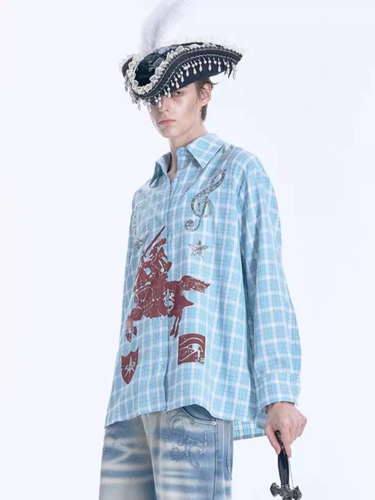 Don Quixote Print Sequin Embroidery Long Sleeve Shirt WN18993