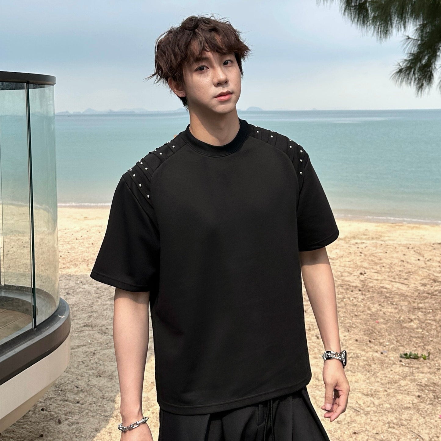 Rivet Pleats Shoulder-pad Heavyweight Oversize Short Sleeve T-Shirt WN25254