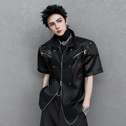 Lapel Zipper Short Sleeve Shirt Jacket WN25121