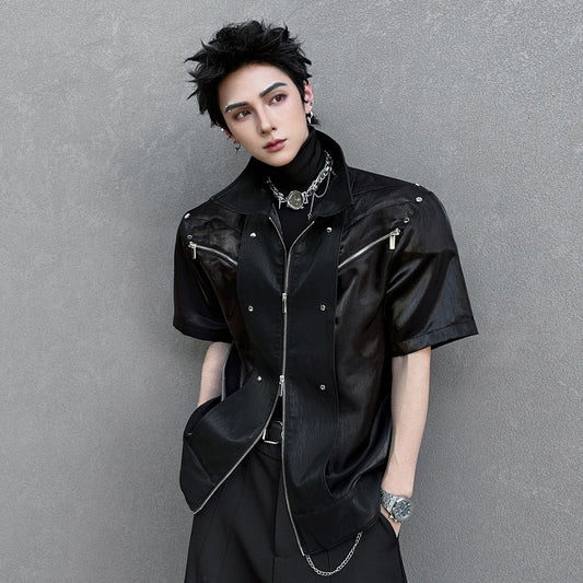 Lapel Zipper Short Sleeve Shirt Jacket WN25121
