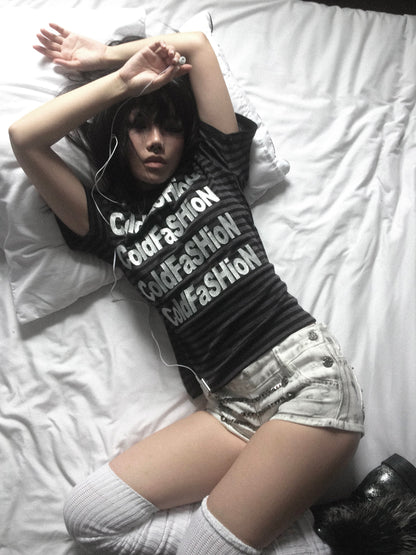 Striped Logo Print Short Sleeve T-Shirt WN27166