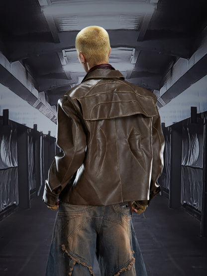 Washed Damage Short PU Leather Jacket WN22788