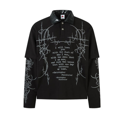 PU Leather Collar Thorn Print Fake Layered Long Sleeve Polo Shirt WN25550