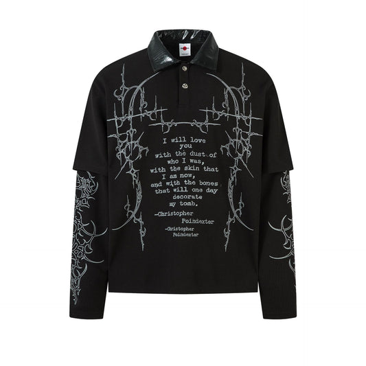 PU Leather Collar Thorn Print Fake Layered Long Sleeve Polo Shirt WN25550