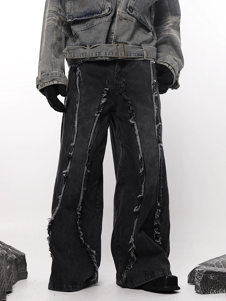 Washed Gradient Fringe Raw Edge Denim Jeans WN18715