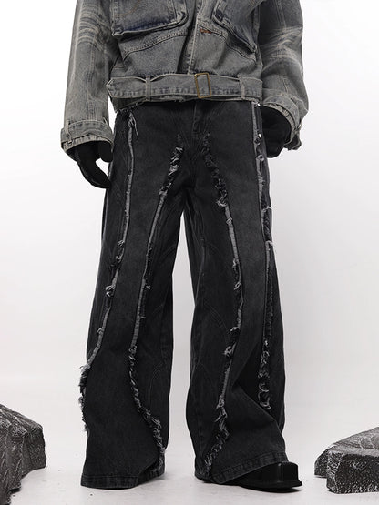 Washed Gradient Fringe Raw Edge Denim Jeans WN18715
