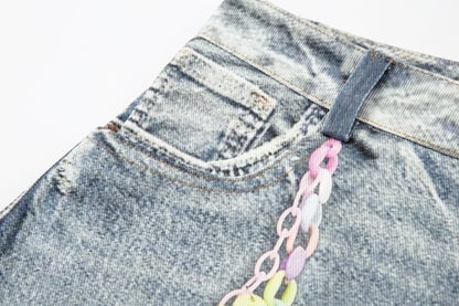 Washed Charm Patch Wide Leg Cropped Denim Jeans WN25564