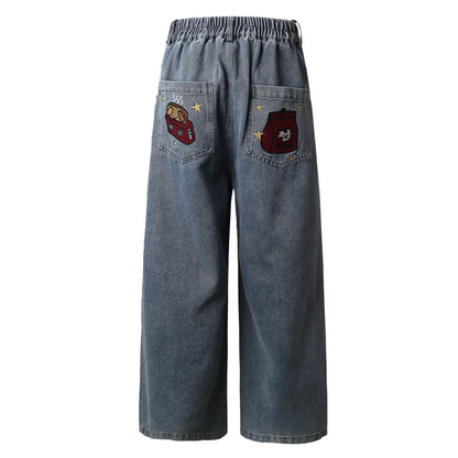 Cartoon Embroidery Wide Leg Denim Jeans WN26946