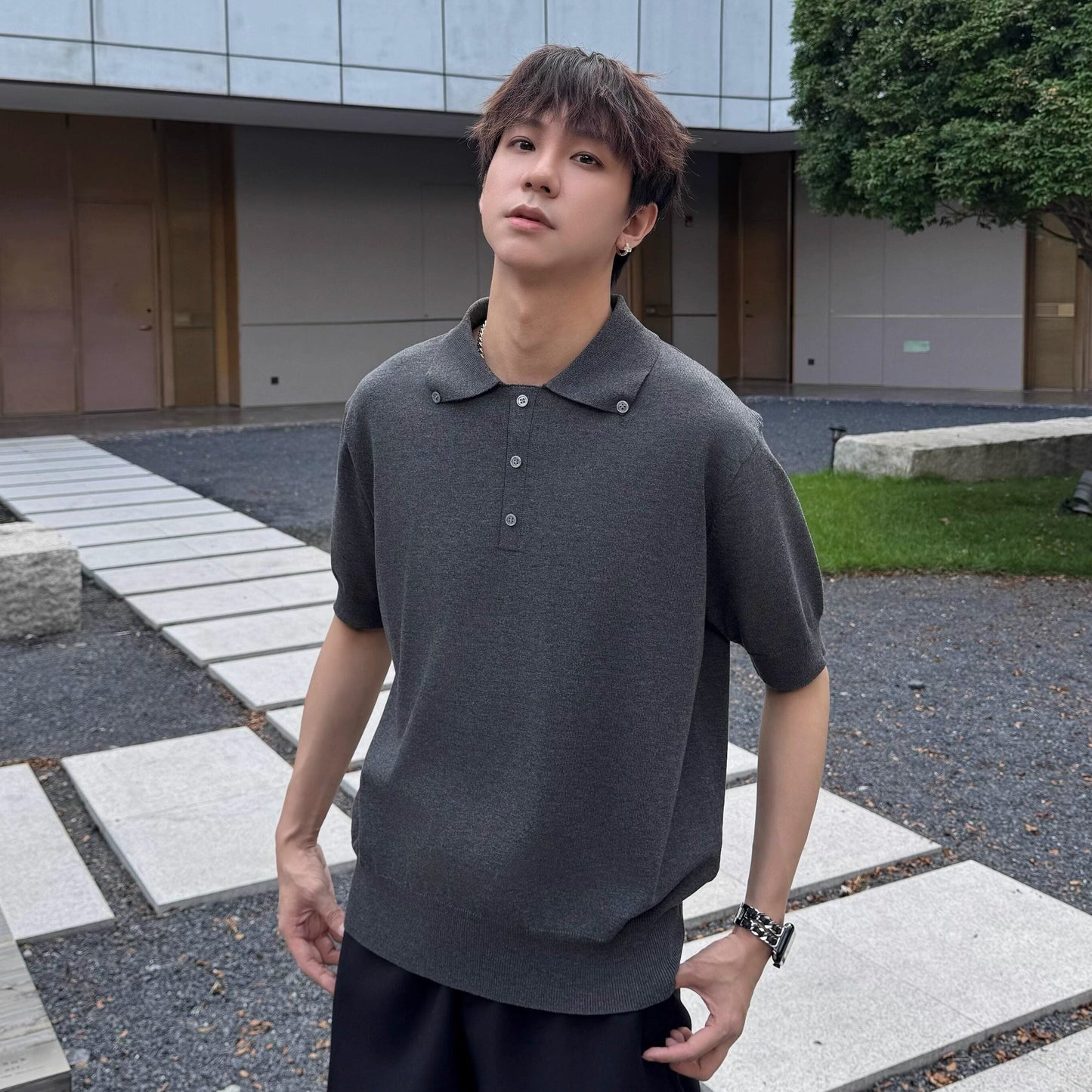 Oversize Knit Polo Short Sleeve Shirt WN25324