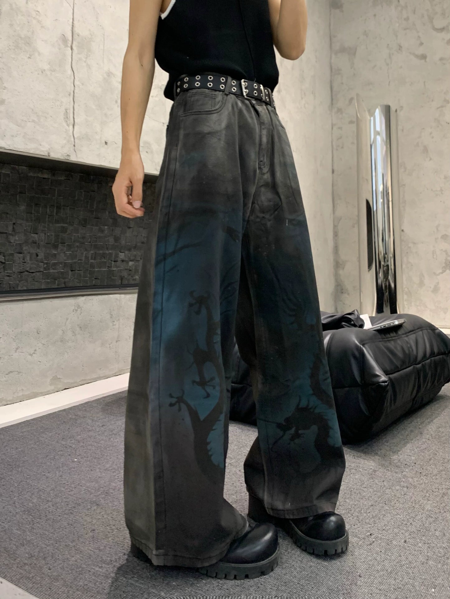 Graphic Art Print Wide Leg Denim Jeans WN19823