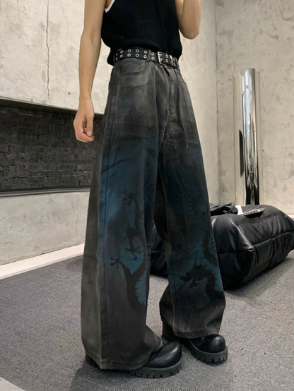 Graphic Art Print Wide Leg Denim Jeans WN19823