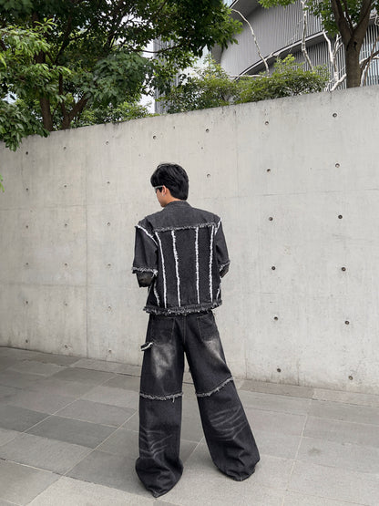 Patchwork Raw Edge Shoulder-Pad Short Jacket & Patchwork Straight Denim Jeans Setup WN15364