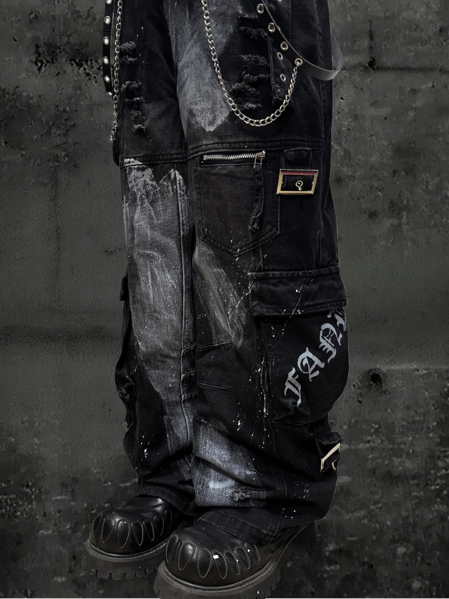 Paint Splash Cargo Wide Leg Pants & Skull Belt & Belt Chain WN23815