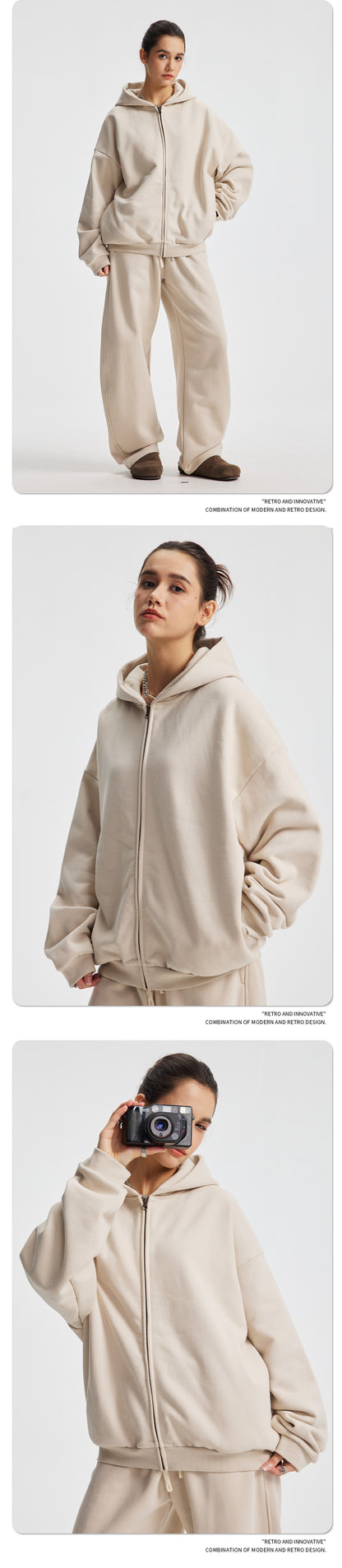 Fleece Lining Side Pocket Zipper Hoodie & Fleece Lining Wide Leg Sweatpants Setup WN23114