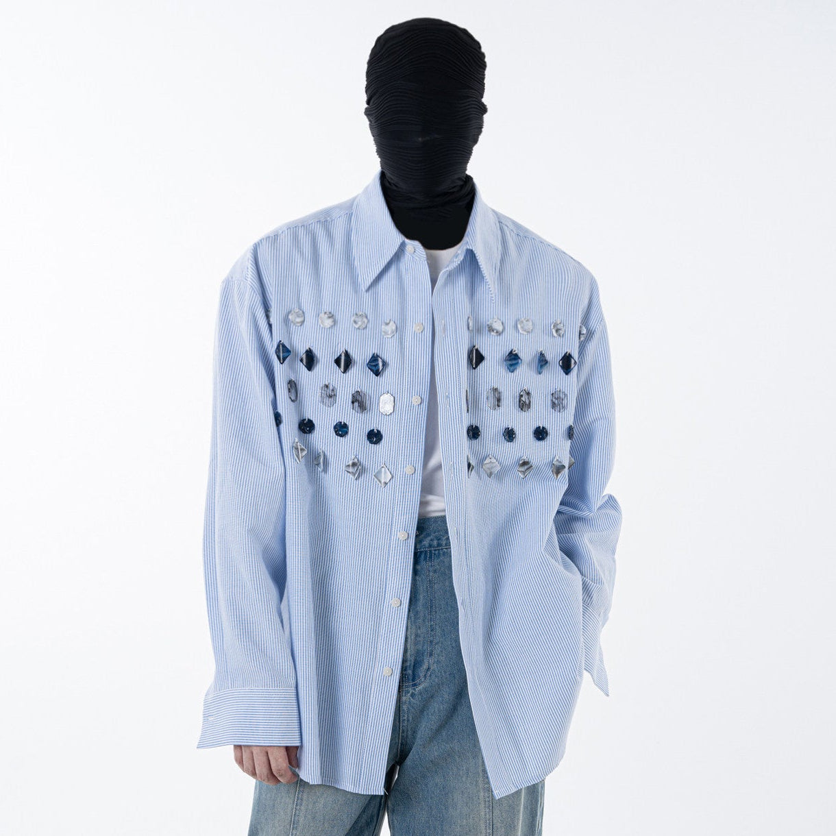 Stripe Gem Button Design Long Sleeve Shirt WN23616