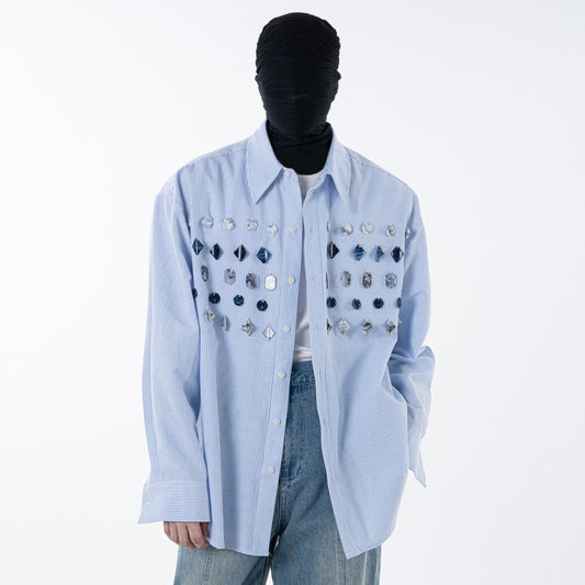 Stripe Gem Button Design Long Sleeve Shirt WN23616