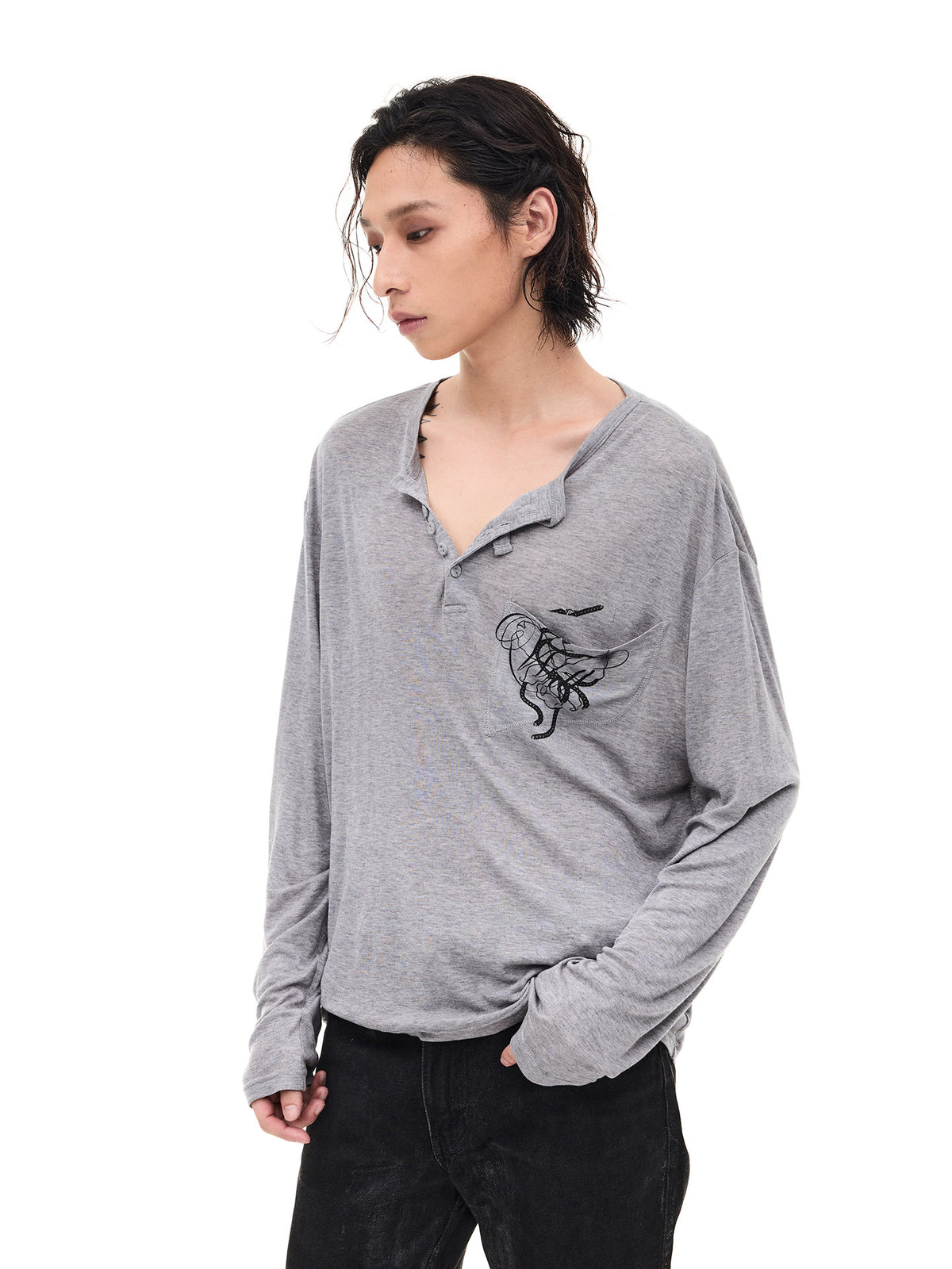 Merino Tencel Soft Henley Neck Long Sleeve T-Shirt WN26682