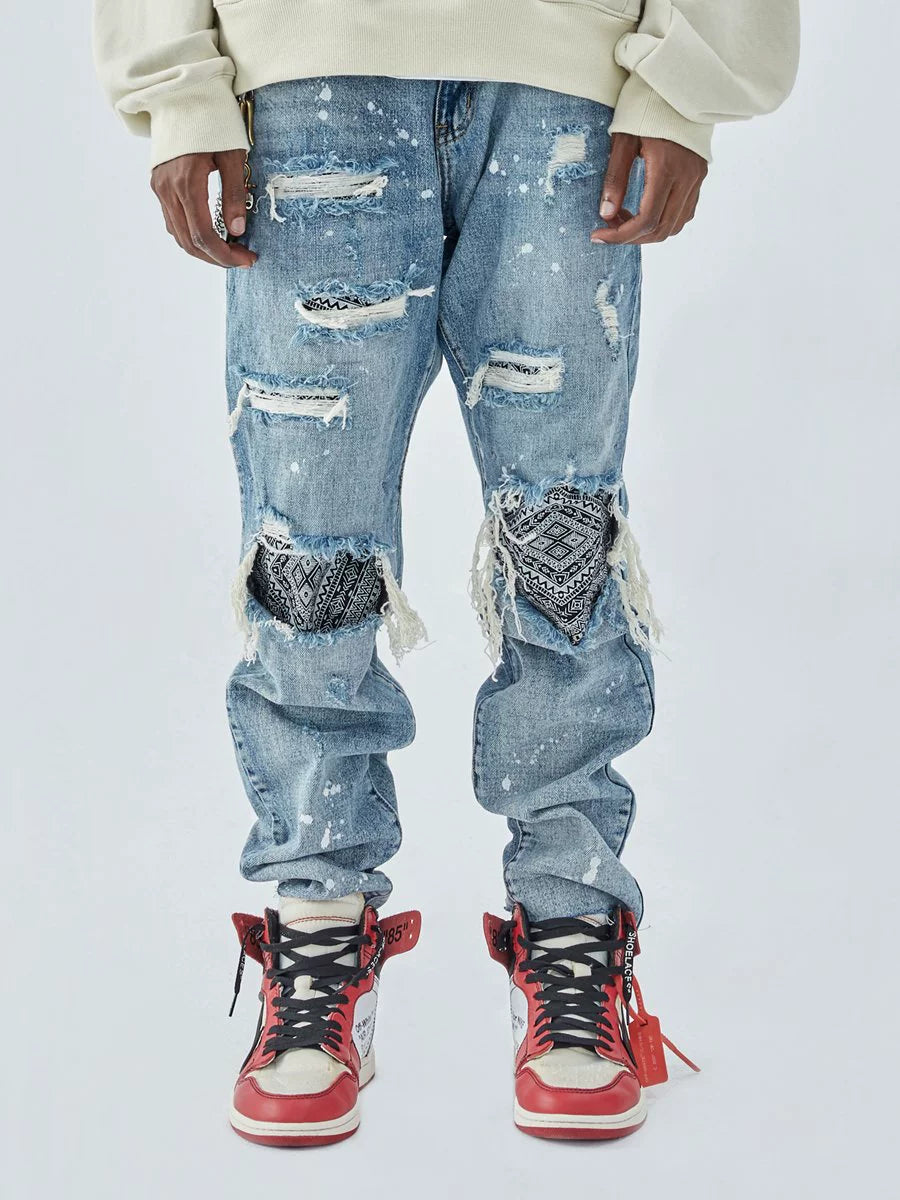 Patchwork Damage Wash Straight Denim Jeans WN12259