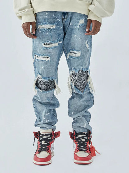 Patchwork Damage Wash Straight Denim Jeans WN12259