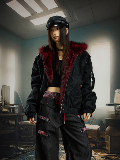 PU Leather Cropped Fake Fur Hooded Padded Jacket WN22759