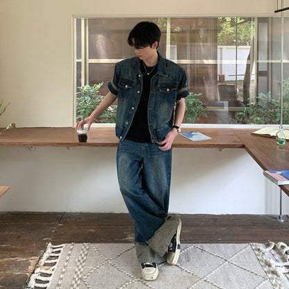 Washed Denim Short Sleeve Jacket & Wide Leg Denim Jeans Setup WN25033