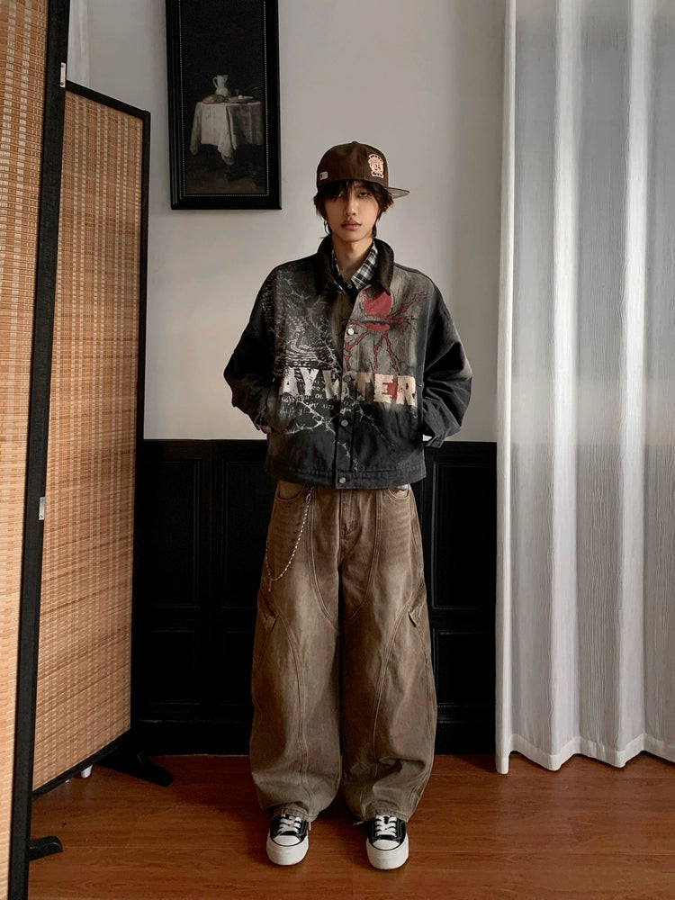 Washed Multi-Pocket Brown Wide Leg Denim Jeans WN22177