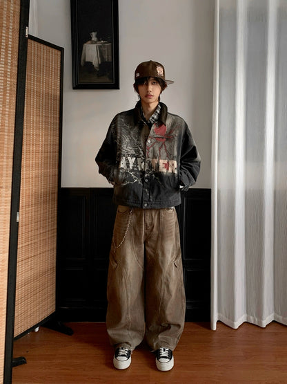 Washed Multi-Pocket Brown Wide Leg Denim Jeans WN22177