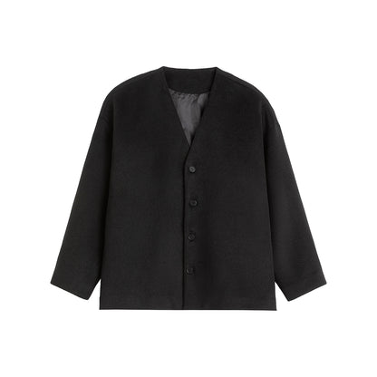 Collarless Solid Oversize Wool Knit Cardigan WN13340