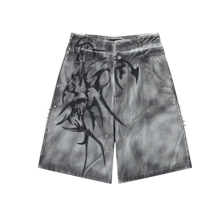 Washed Graffiti Dirty-Dye Denim Half Pants WN25741
