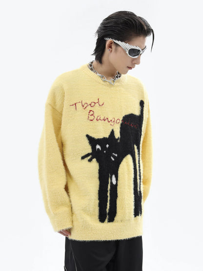 Cat Design Thick Round Neck Oversize Knit Sweater WN10249