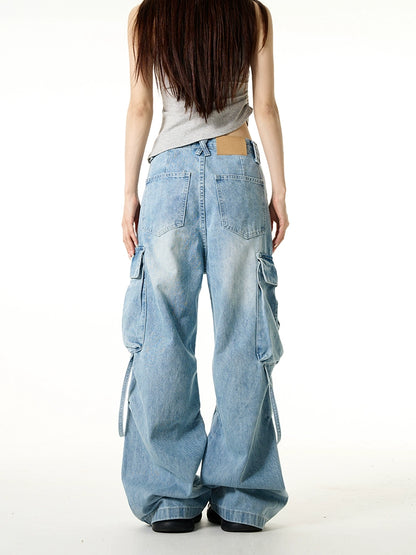 Multi-pocket Wide-Leg Straight Cargo Denim Jeans WN7618