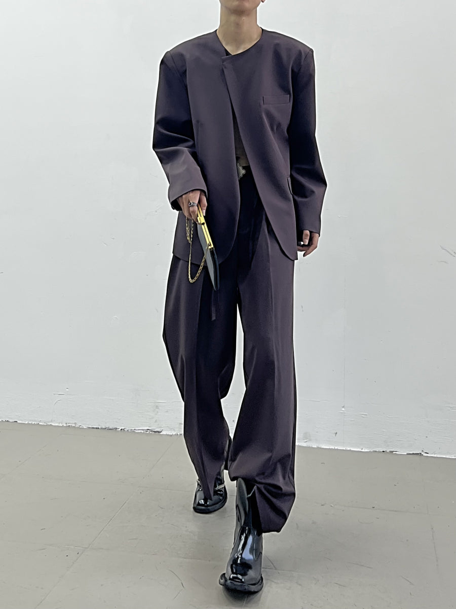 Split-Hem Collarless Tailored Jacket & Trousers Setup WN11639