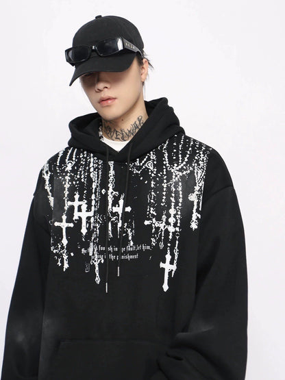 Cross Print Fleece Linning Oversize Pullover Hoodie WN10934