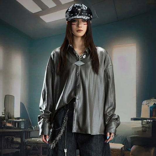 Glossy Oversize Long Sleeve Shirt WN20567