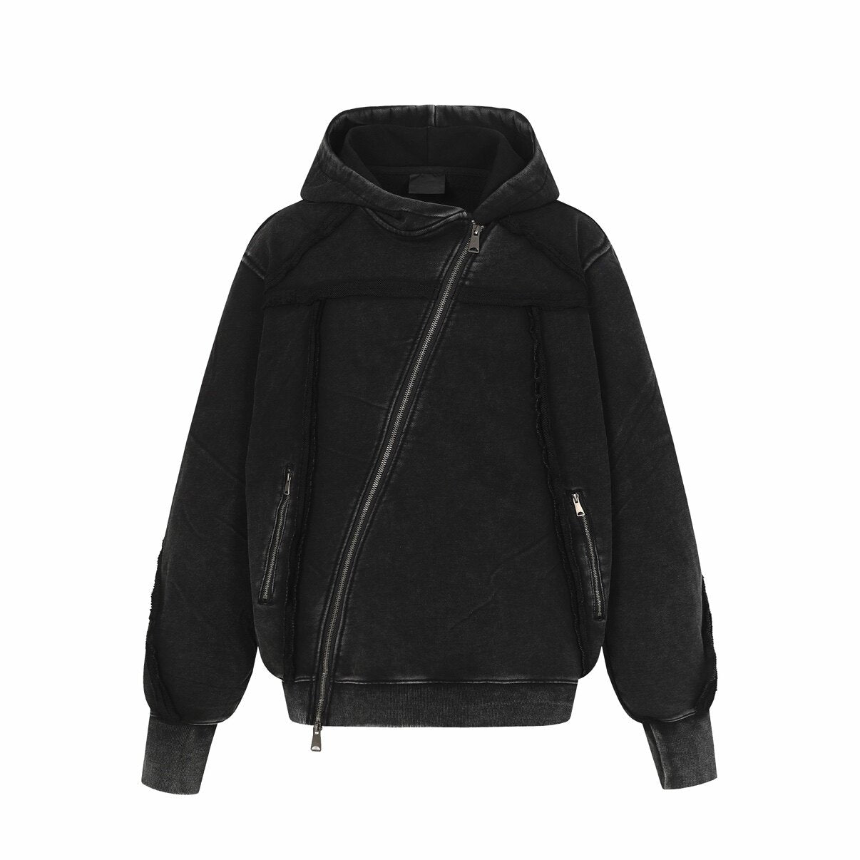 Oversize Diagonal Zip Patchwork Washed Hoodie WN24441